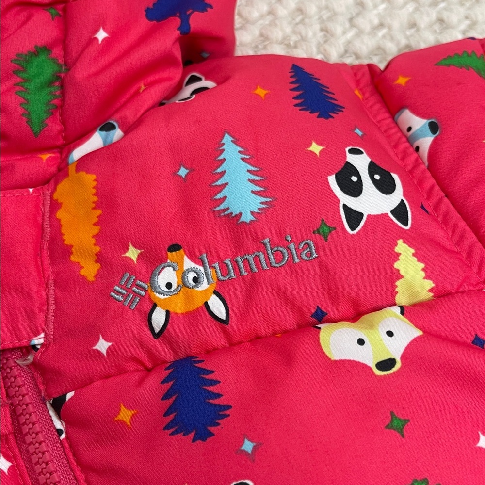 Columbia pink down puffer Snowsuit with Fun animal Print size 6 months - Picture 3 of 12